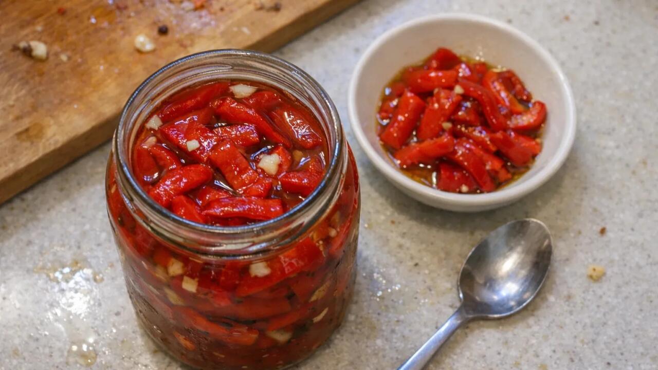 Bankada qırmızı bibər konservi: Sirkə və zeytun yağı ilə m&ouml;htəşəm dad
