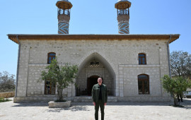 Prezident İlham Əliyev Ağdamın Qiyaslı kəndindəki tarixi məscidin binasının bərpadan sonra açılışında iştirak edib  FOTO