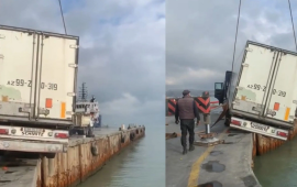Bakıda TIR dənizə düşmək təhlükəsi ilə üzləşdi  VİDEO